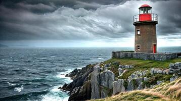 Tormentoso irlandesa marina con faro, océano, nublado cielo y marítimo elementos foto