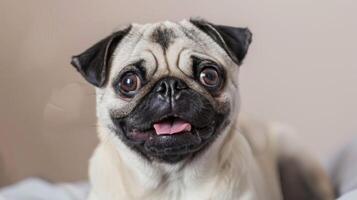 Close-up portrait of a cute Pug dog with a funny expression and wrinkled face photo