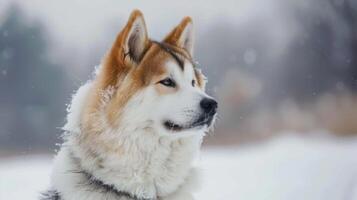 Portrait of a majestic Akita dog in the snow displaying fur, winter beauty, and a calm gaze outdoors photo