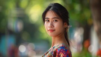 Indonesian woman in traditional batik demonstrates elegance and beauty with a serene bokeh background photo