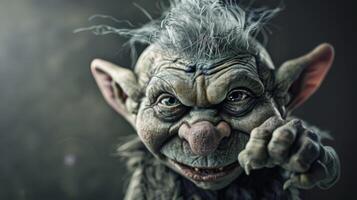 Troll creature with a scary face and green skin portrays mythological folklore photo