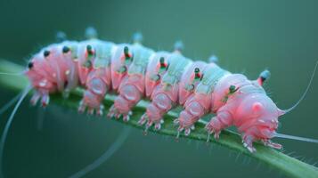 de cerca macro de un vibrante oruga en un verde planta detalles sus fauna silvestre naturaleza foto