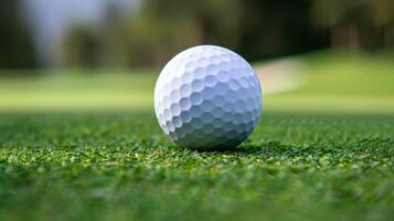 Golf ball on green turf with close-up of dimples and macro texture in a sport setting photo