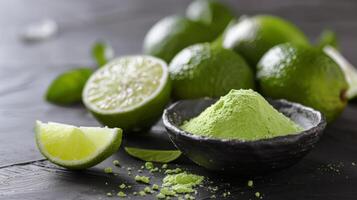 Lime powder in a wooden bowl with fresh green citrus fruit and vibrant slices on a textured background photo