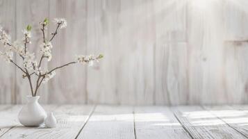 Blooming branches in a white vase, flowers emblematic of spring, light-filled wooden planks define a nature scene with freshness and still life elements photo