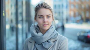 retrato de un elegante rubia mujer con natural belleza y un de moda bufanda en un ciudad calle en invierno foto