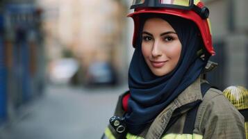 bombero en hijab retrata seguridad, uniforme, casco, valentía, y profesional emergencia respuesta en un confidente retrato foto