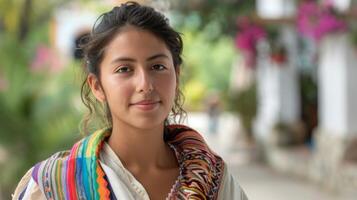 retrato de un hermosa Colombiana mujer en tradicional vistoso vestir sonriente con vibrante cultura y autenticidad foto