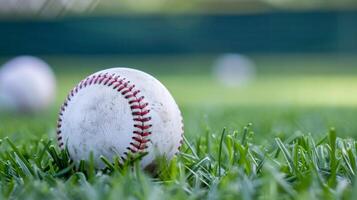 de cerca ver de un béisbol en césped campo con rojo puntadas y borroso antecedentes foto