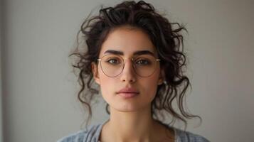 Portrait of a serious woman with glasses and curly hair showing natural beauty and a thoughtful gaze photo