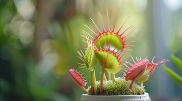 Green and red Venus Flytrap plant with sharp bokeh in nature setting photo