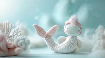 Whimsical plush mermaid toy with pastel coral in a soft sea fantasy setting photo