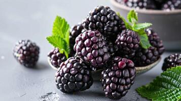 Fresh ripe blackberries with juicy berries, organic antioxidants and nutritious tasty fruit photo