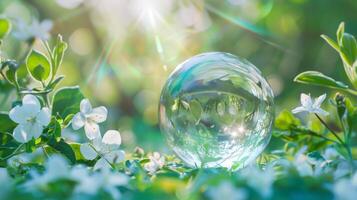 Nature scene with bubble amidst flowers and blossom in spring sunlight with macro lensflare photo