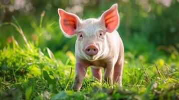 Cute pink piglet standing in lush green grass with a nature backdrop photo
