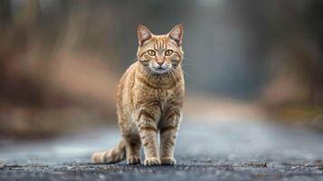 Ginger tabby cat with focused eyes and soft fur standing outdoor photo