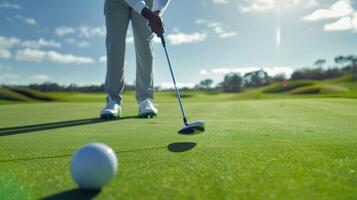 golf pelota y holgazanear en el verde con golfista preparando para un golpe corto en un soleado día foto