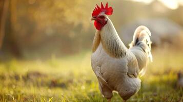 Portrait of a rooster in a farm setting with nature's sunrise backlighting its feathers photo