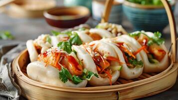 Delicious Bao buns served in bamboo steamer with sauce cilantro carrots scallions sesame seeds photo