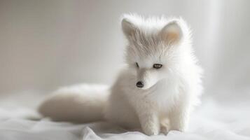 White fluffy fox toy with soft fur and plush texture as a cute interior decoration photo