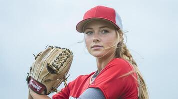 hembra béisbol jugador en rojo se enfoca atentamente mientras vistiendo un guante y gorra foto