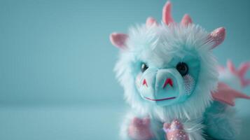 Close-up of a cute plush dragon toy with fluffy fur and pastel colors photo