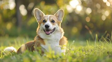 sonriente pembroke galés corgi perro disfruta naturaleza en un soleado día foto