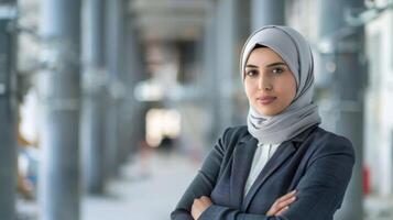 confidente usando hijab mujer arquitecto en un moderno oficina ajuste foto