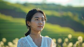 Indonesian woman in traditional dress contemplating nature serene green beauty outdoors photo