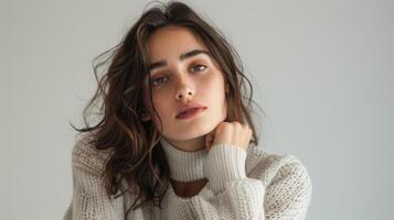 Portrait of a beautiful French woman with natural makeup and a cozy sweater photo