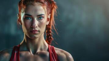 Intense female wrestler in athletic portrait showing determination, strength, and focus photo