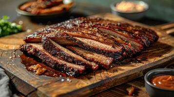 Juicy beef brisket sliced on a wood board with tender grilled texture and savory barbecue flavor photo