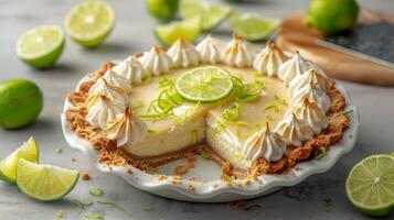 Key lime pie dessert with lime slices and meringue topping on a white plate photo