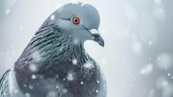 Close-up portrait of a pigeon in snow with detailed feathers and vibrant eye feathers in a winter nature setting photo