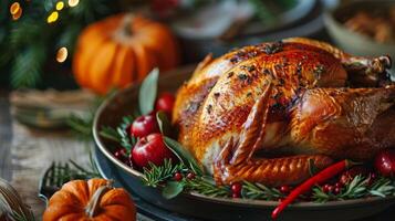 Roasted turkey for a festive Thanksgiving dinner on a table with autumn decorations photo
