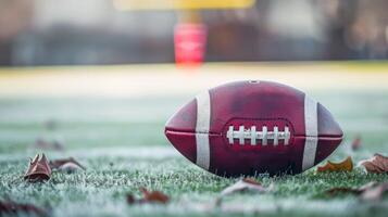 Closeup of an American football on frosted grass with autumn leaves on a game field photo