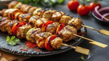 Grilled chicken kebab skewers with vegetables and spices on a rustic wooden background photo