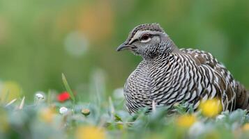 Quail bird in nature with feather detail and close-up of eye among green bokeh photo