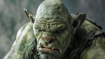 Intense ogre portrait showcasing mythical creature with tusks and wrinkled green skin photo