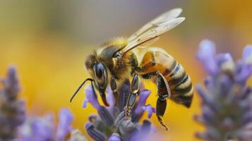 de cerca abeja en lavanda exhibiendo insecto polinización en un vibrante naturaleza ajuste foto