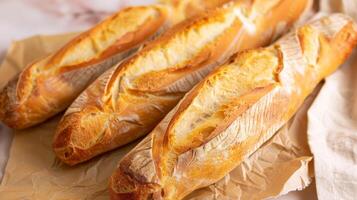 Golden crusty bakery fresh French bread baguette with delicious food appeal photo