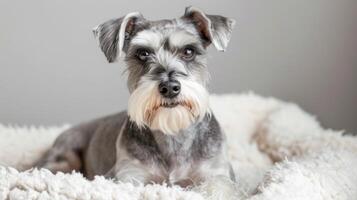 retrato de un mullido miniatura Schnauzer perro sentado cómodamente adentro foto