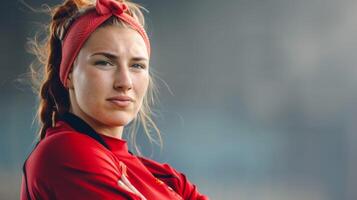 Female rugby athlete showing determination and confidence in sport fitness portrait photo