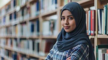 Librarian in hijab smiling among library shelves with books displays education and diversity photo