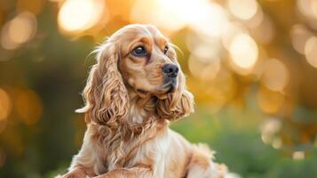 Golden light illuminates an autumnal portrait of a Cocker Spaniel dog with a bokeh background photo