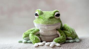 linda verde felpa rana juguete con un suave blanco barriga sentado en broma foto