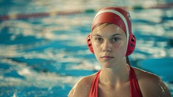 Female water polo athlete with cap and ear guards in the pool showing focus and determination during competition photo