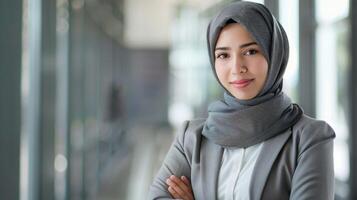 confidente hembra civil servidor en hijab poses para un profesional retrato en un oficina ajuste foto