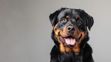 retrato de un simpático Rottweiler perro con un negro y bronceado Saco mirando alerta y alegre en un estudio ajuste foto