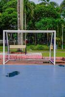 charcos de agua en el futsal campo objetivo después lluvia. foto